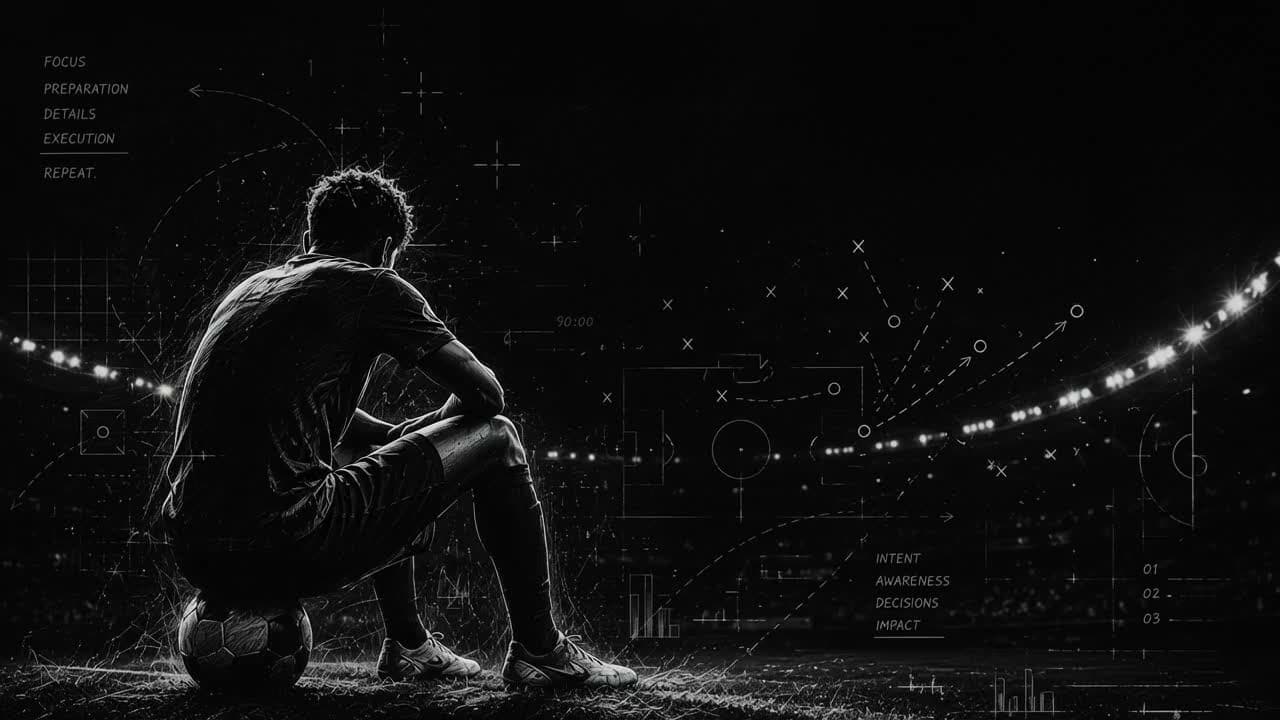 A player sitting on the ball under floodlights, the pitch drawn around him in chalk lines